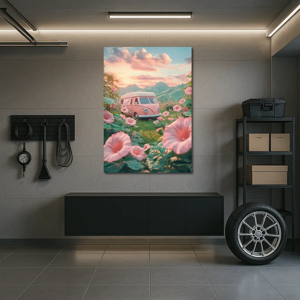 Pink Retro Van Surrounded By Morning Glory Flowers – Wall Art