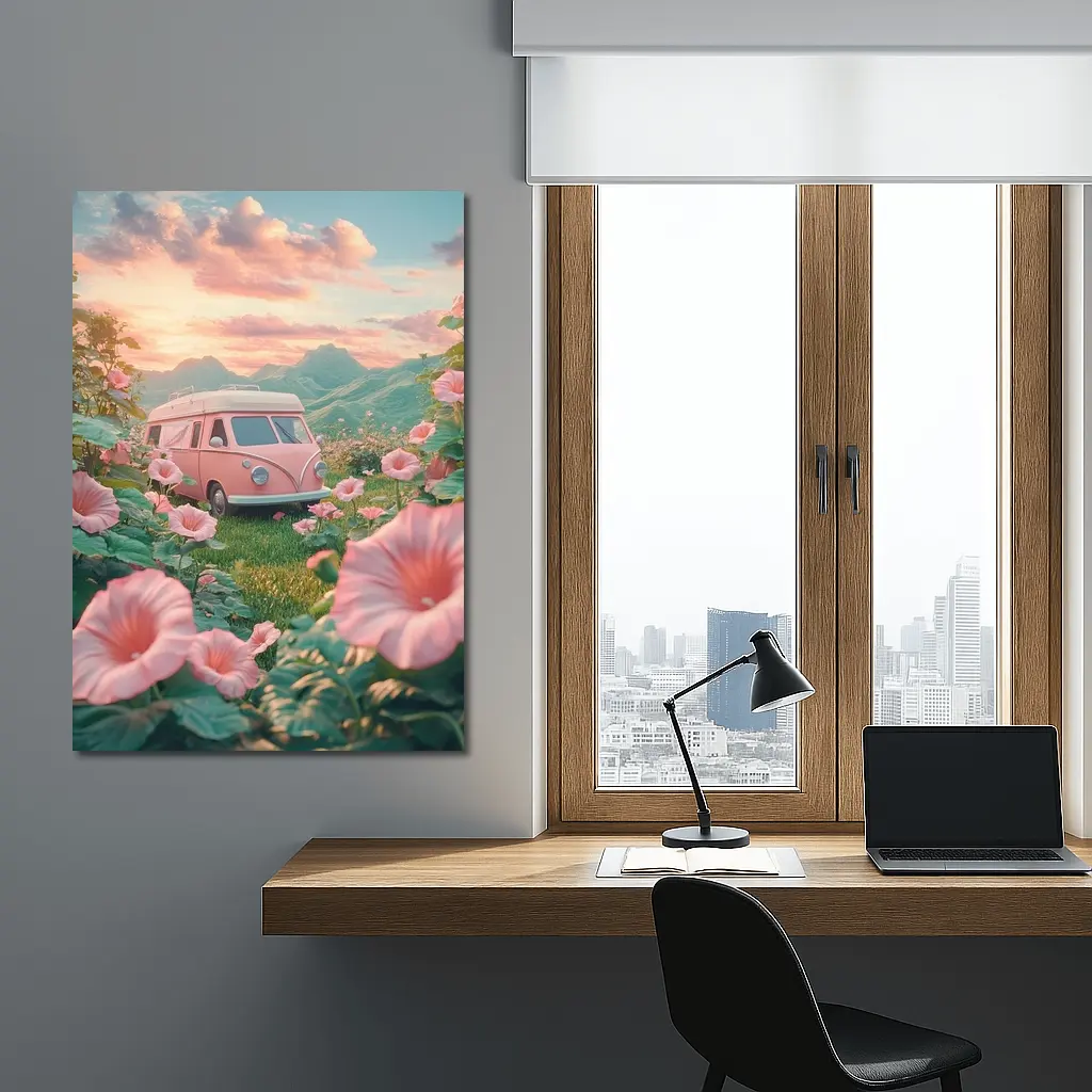 Pink Retro Van Surrounded By Morning Glory Flowers – Wall Art