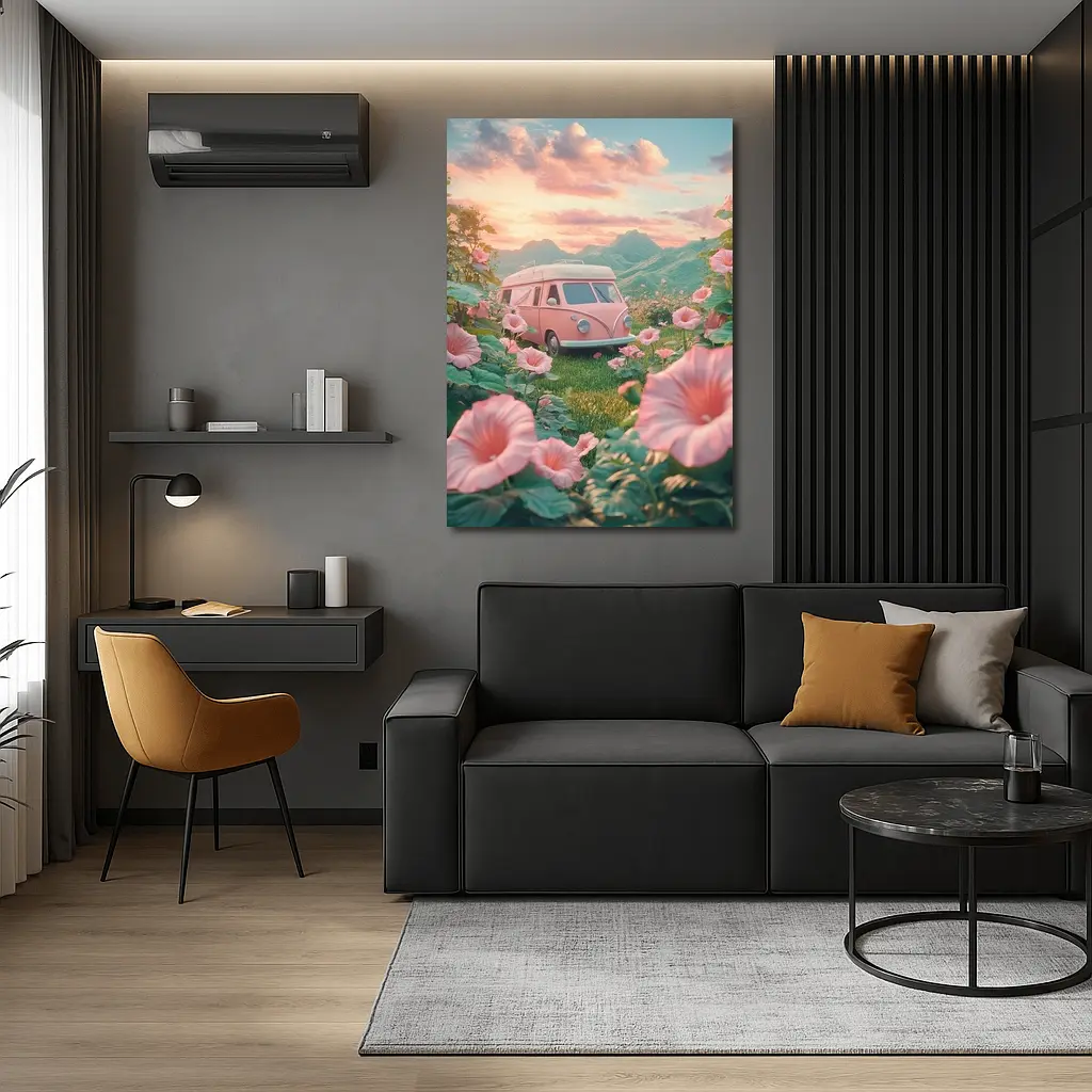 Pink Retro Van Surrounded By Morning Glory Flowers – Wall Art