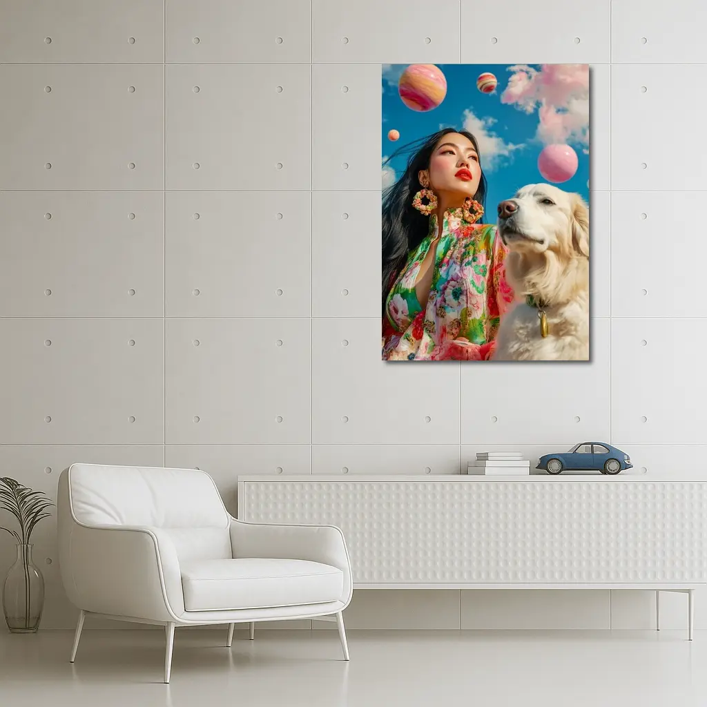 Woman Floral Dress Golden Retriever Sky – Wall Art