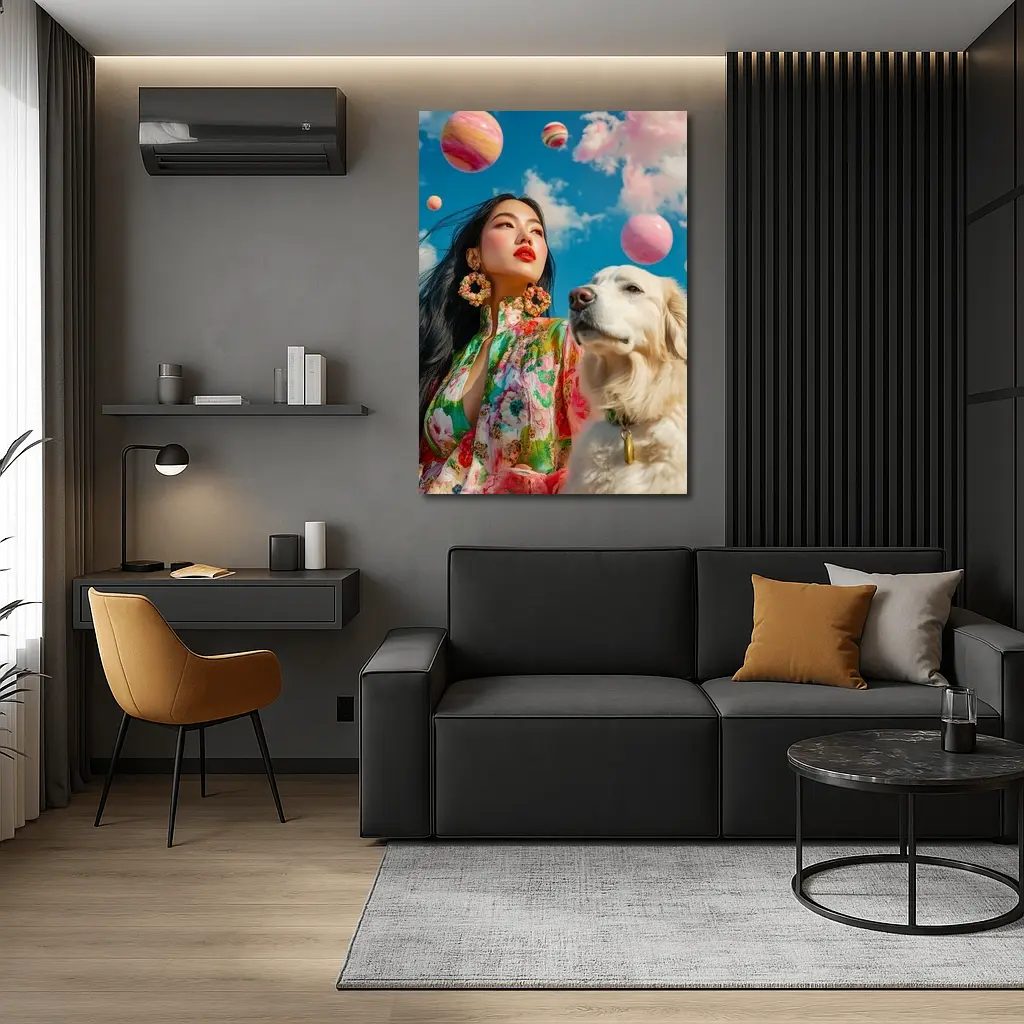 Woman Floral Dress Golden Retriever Sky – Wall Art