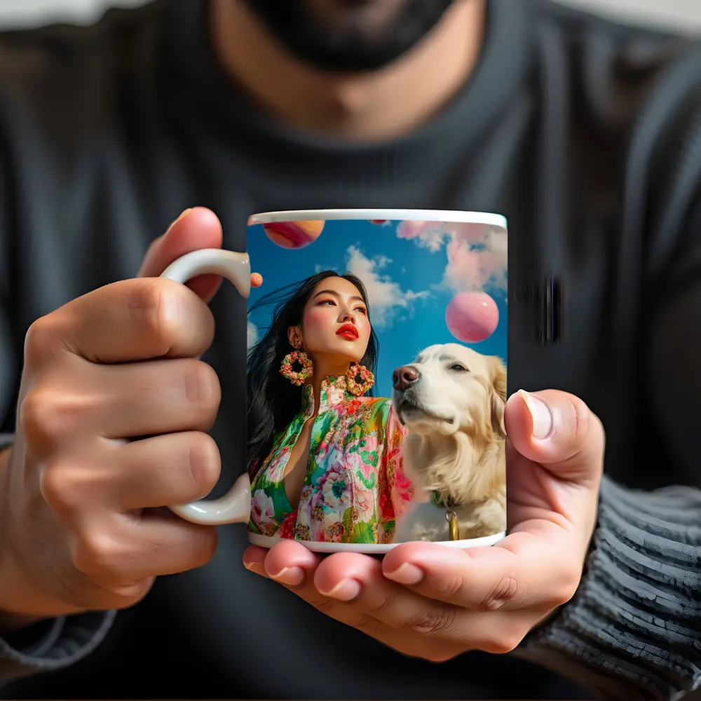 Woman Floral Dress Golden Retriever Sky – Mugs