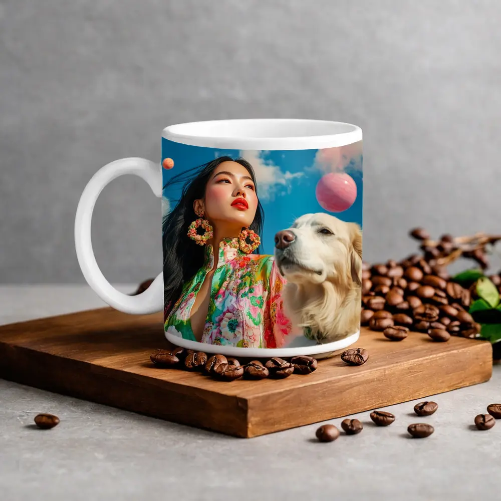 Woman Floral Dress Golden Retriever Sky – Mugs