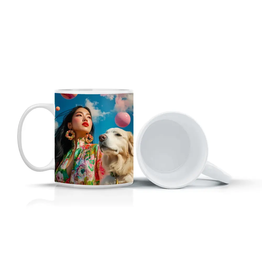 Woman Floral Dress Golden Retriever Sky – Mugs