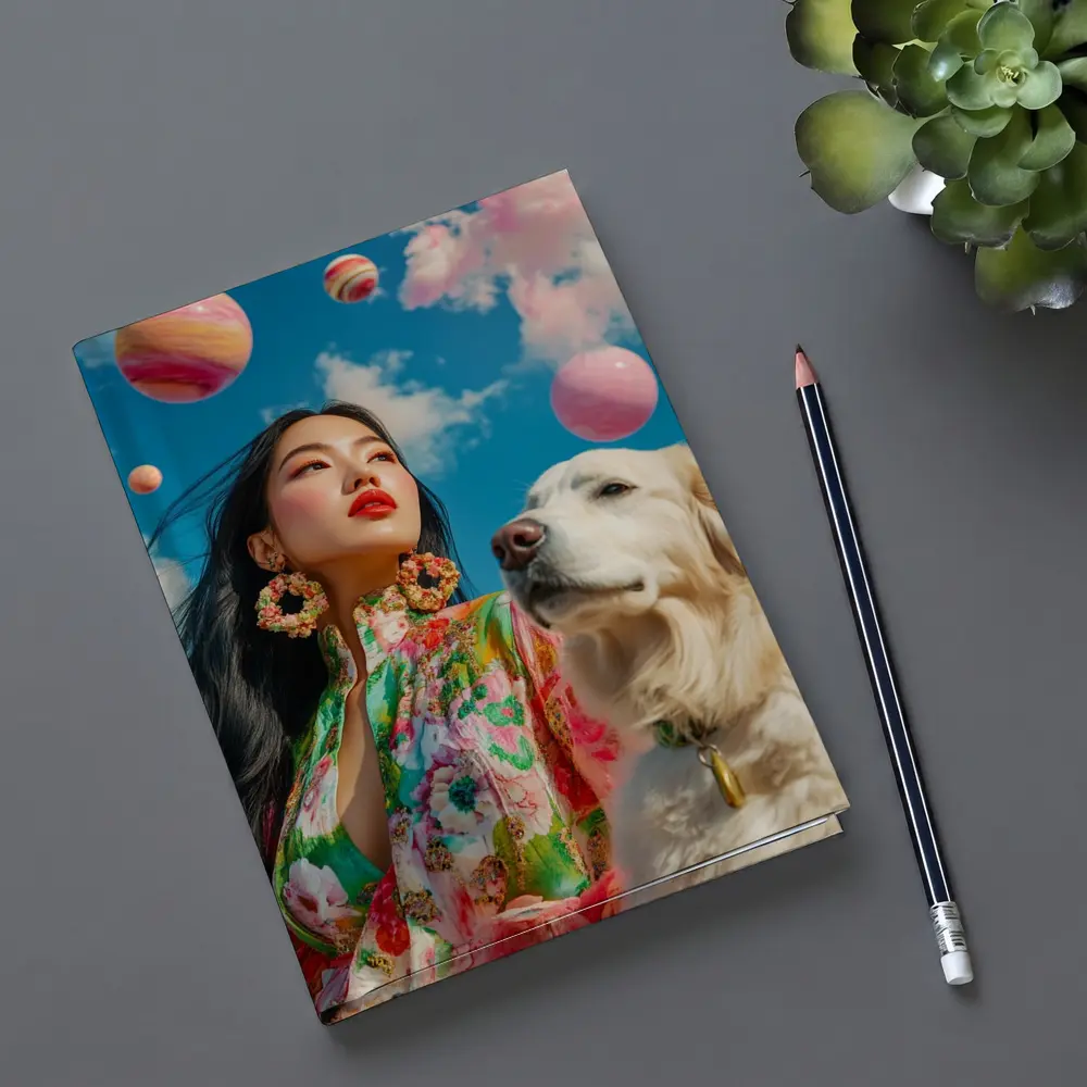 Woman Floral Dress Golden Retriever Sky – Notebooks