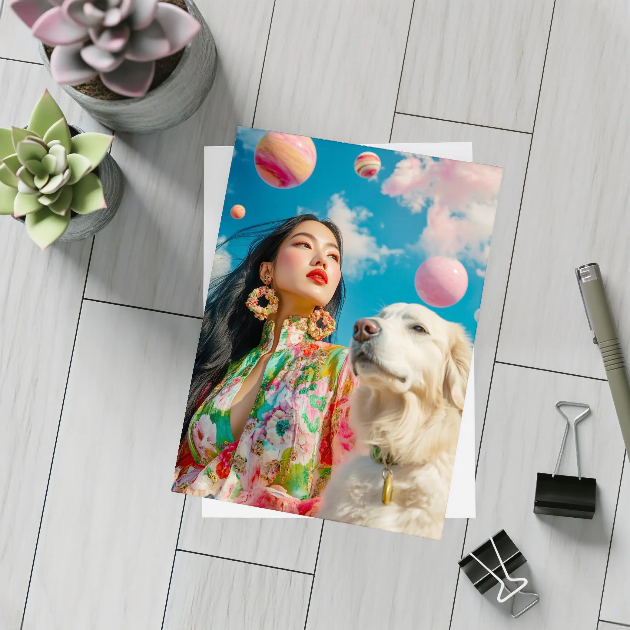 Woman Floral Dress Golden Retriever Sky – Postcards