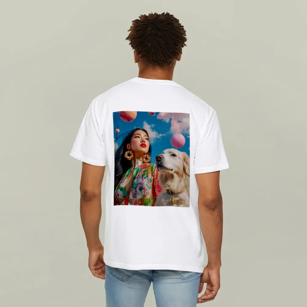 Woman Floral Dress Golden Retriever Sky – T-Shirts