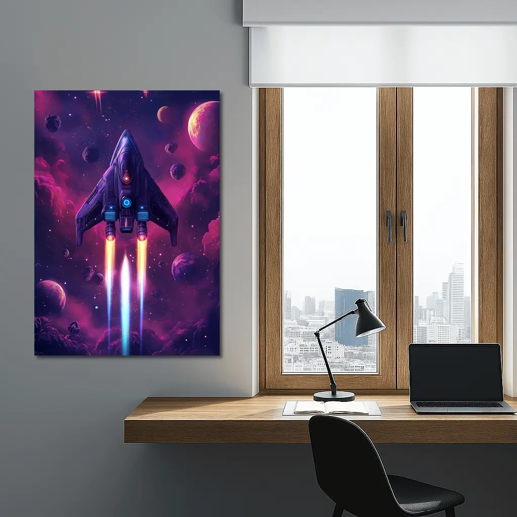 Sci Fi Spaceship Flying Through Purple Galaxy – Wall Art
