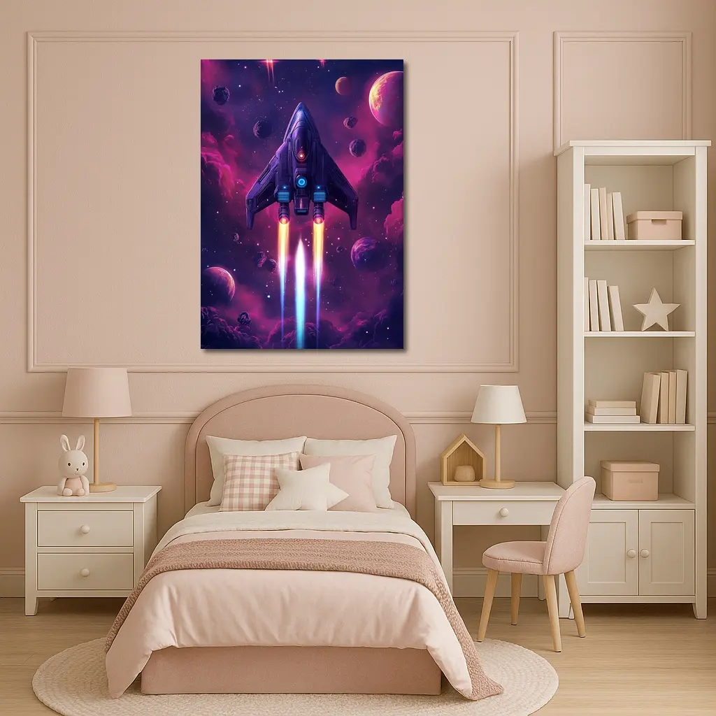 Sci Fi Spaceship Flying Through Purple Galaxy – Wall Art