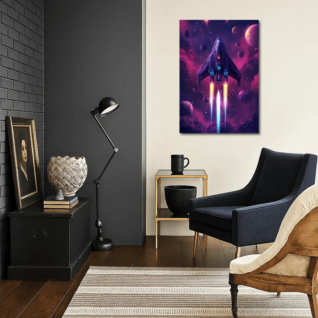 Sci Fi Spaceship Flying Through Purple Galaxy – Wall Art