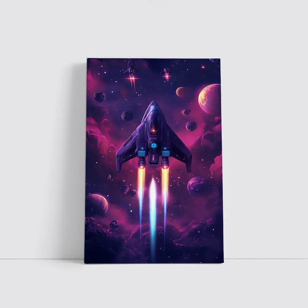 Sci Fi Spaceship Flying Through Purple Galaxy – Wall Art
