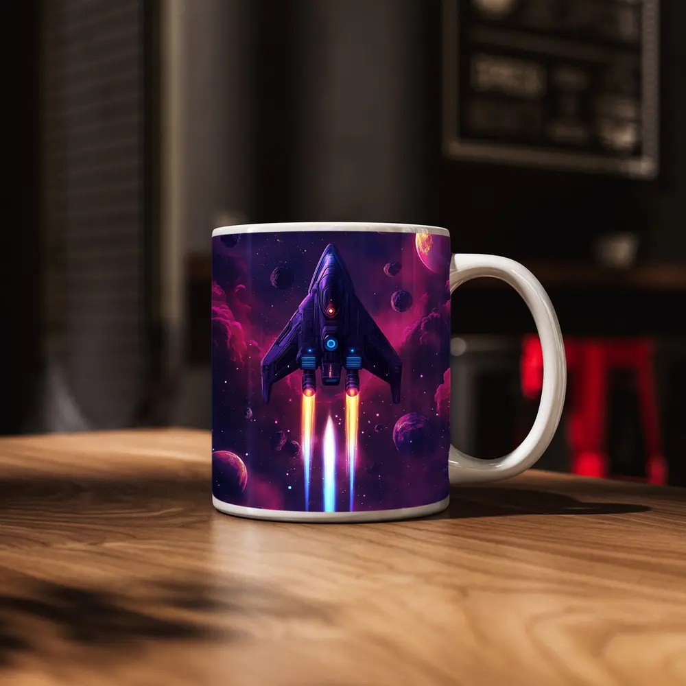 Sci Fi Spaceship Flying Through Purple Galaxy – Mugs