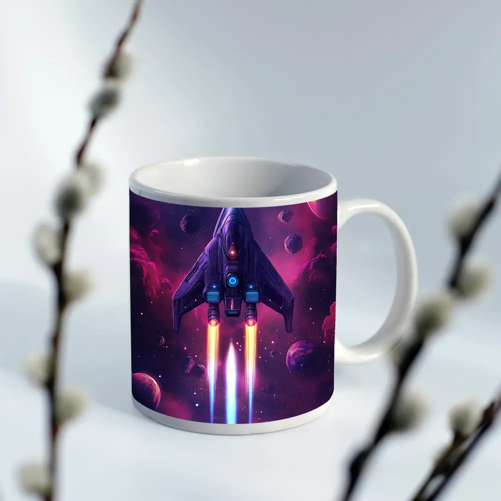 Sci Fi Spaceship Flying Through Purple Galaxy – Mugs