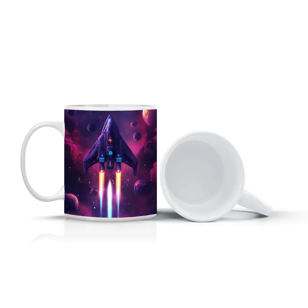 Sci Fi Spaceship Flying Through Purple Galaxy – Mugs