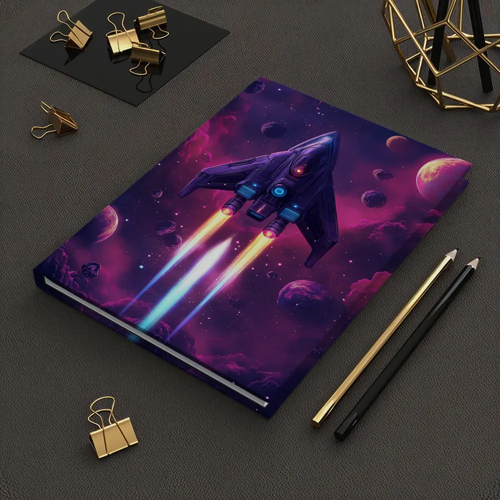 Sci Fi Spaceship Flying Through Purple Galaxy – Notebooks