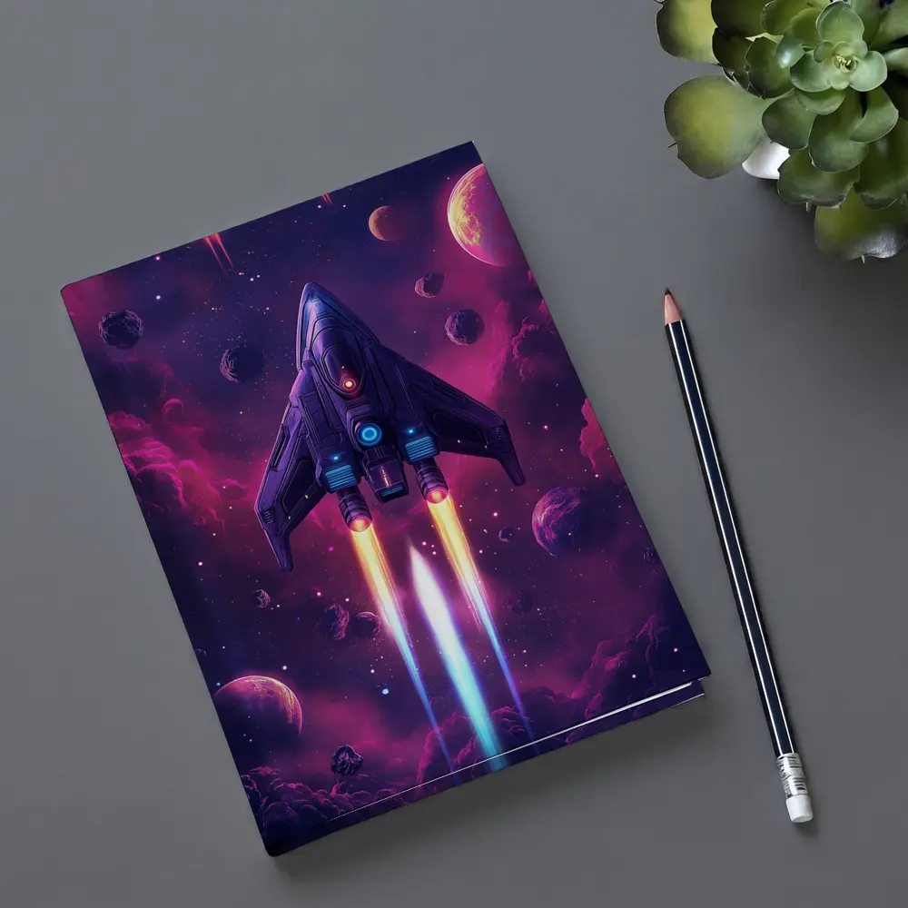 Sci Fi Spaceship Flying Through Purple Galaxy – Notebooks