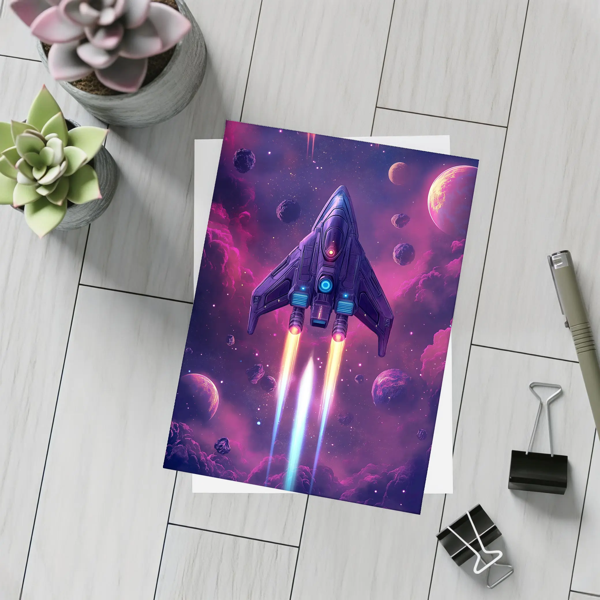 Sci Fi Spaceship Flying Through Purple Galaxy – Postcards