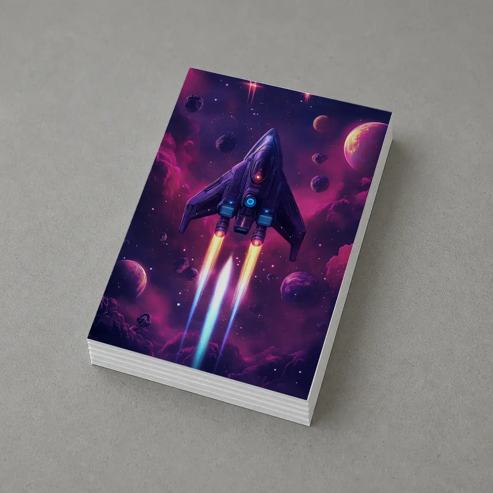 Sci Fi Spaceship Flying Through Purple Galaxy – Postcards