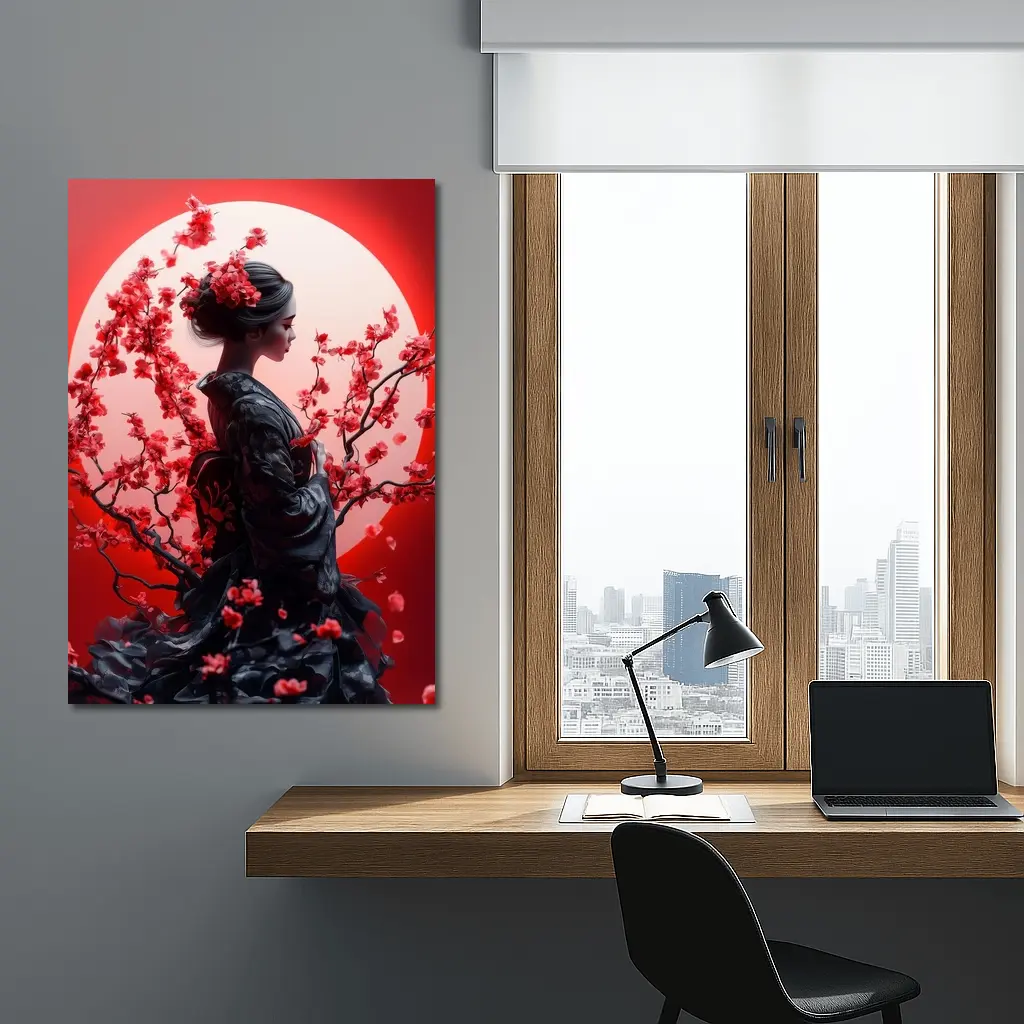 Japanese Geisha Red Cherry Blossoms Moon – Wall Art