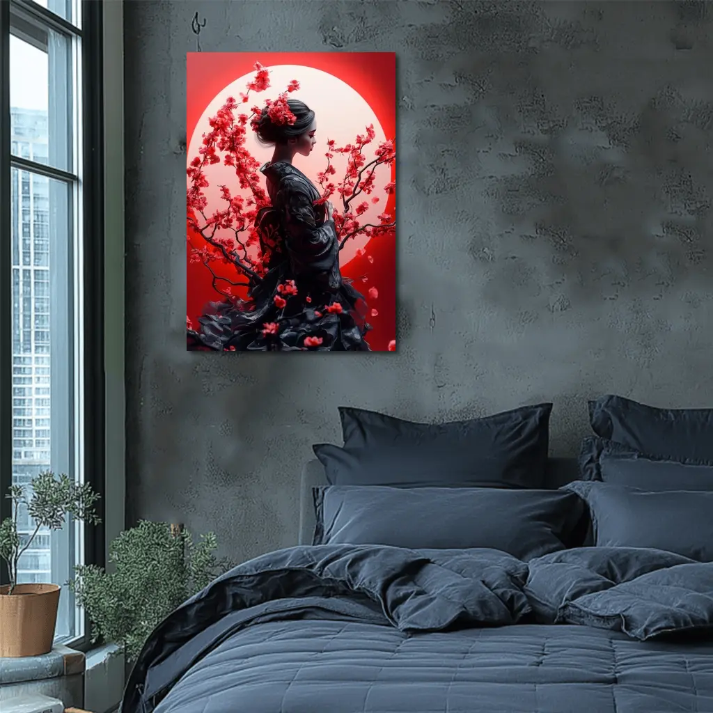 Japanese Geisha Red Cherry Blossoms Moon – Wall Art