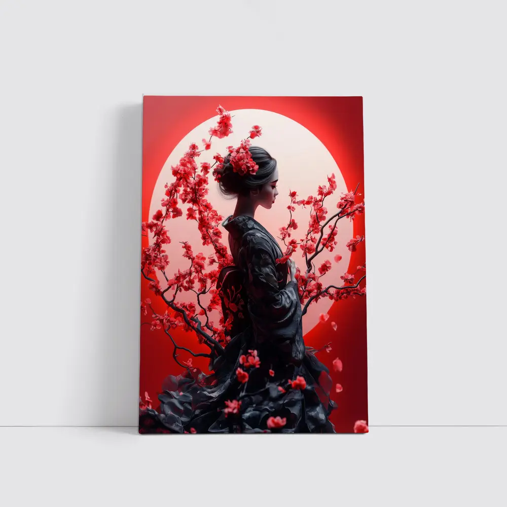 Japanese Geisha Red Cherry Blossoms Moon – Wall Art