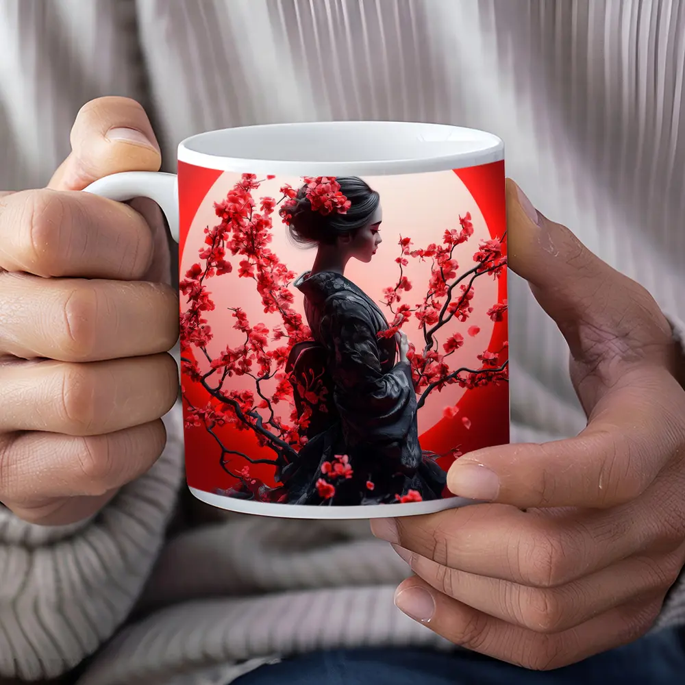 Japanese Geisha Red Cherry Blossoms Moon – Mugs
