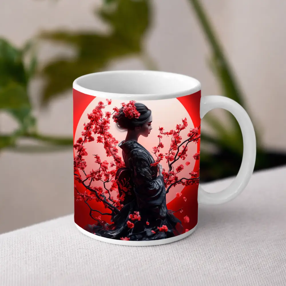 Japanese Geisha Red Cherry Blossoms Moon – Mugs