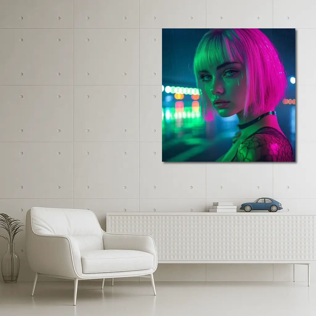 Neon Girl Rainy Night Cyberpunk Portrait – Wall Art