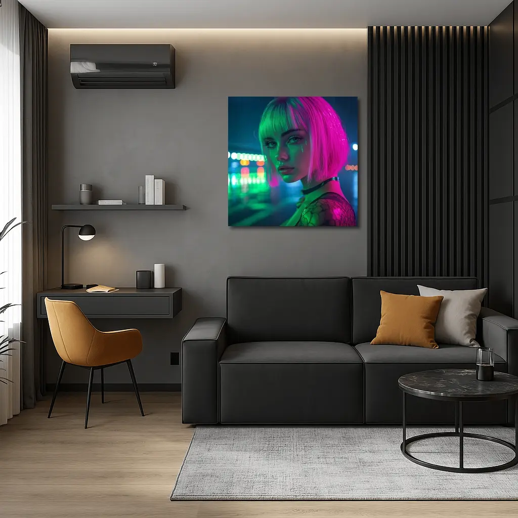 Neon Girl Rainy Night Cyberpunk Portrait – Wall Art