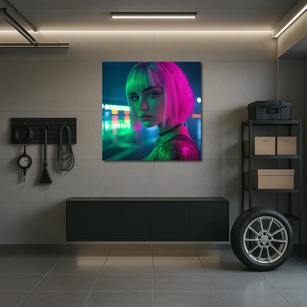 Neon Girl Rainy Night Cyberpunk Portrait – Wall Art