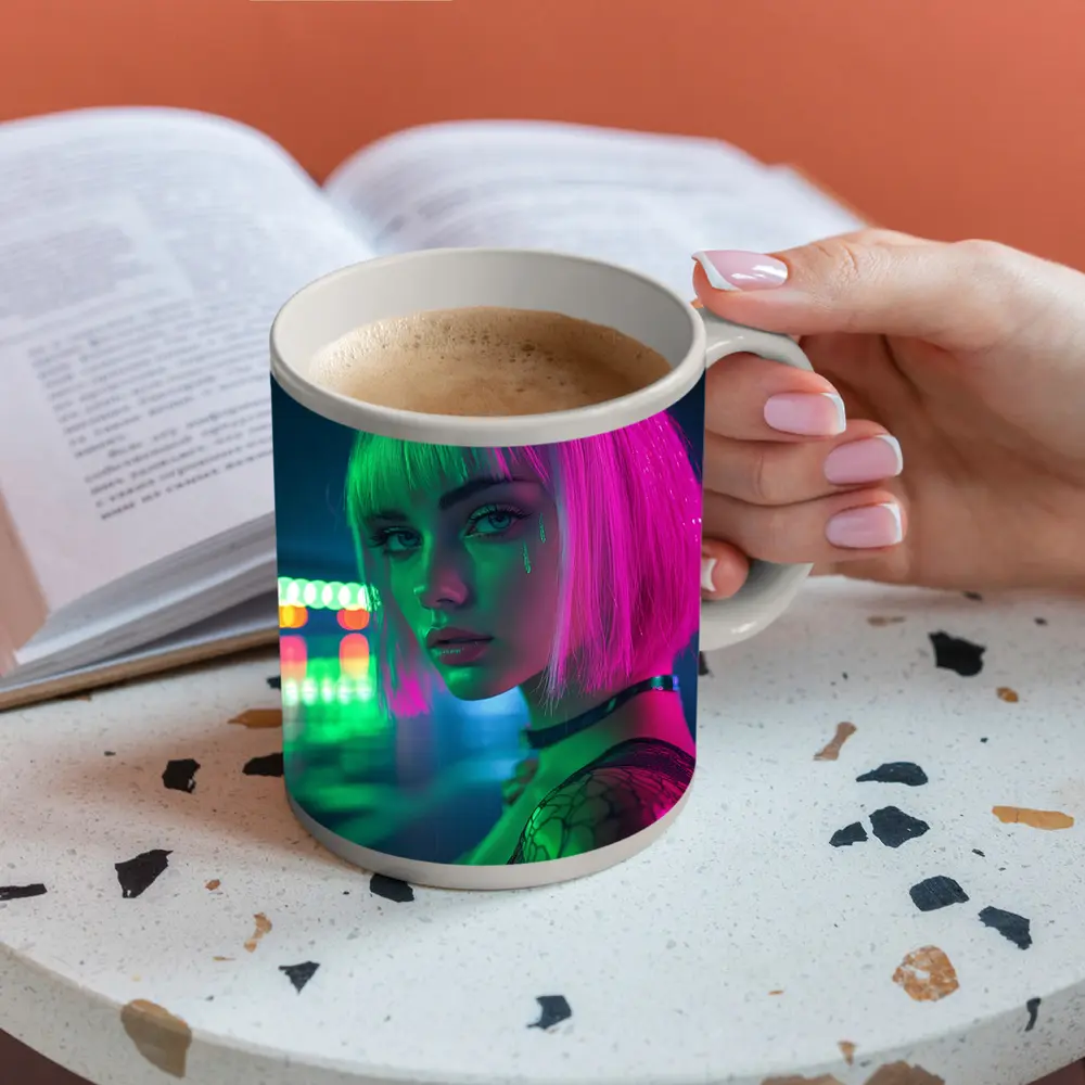 Neon Girl Rainy Night Cyberpunk Portrait – Mugs