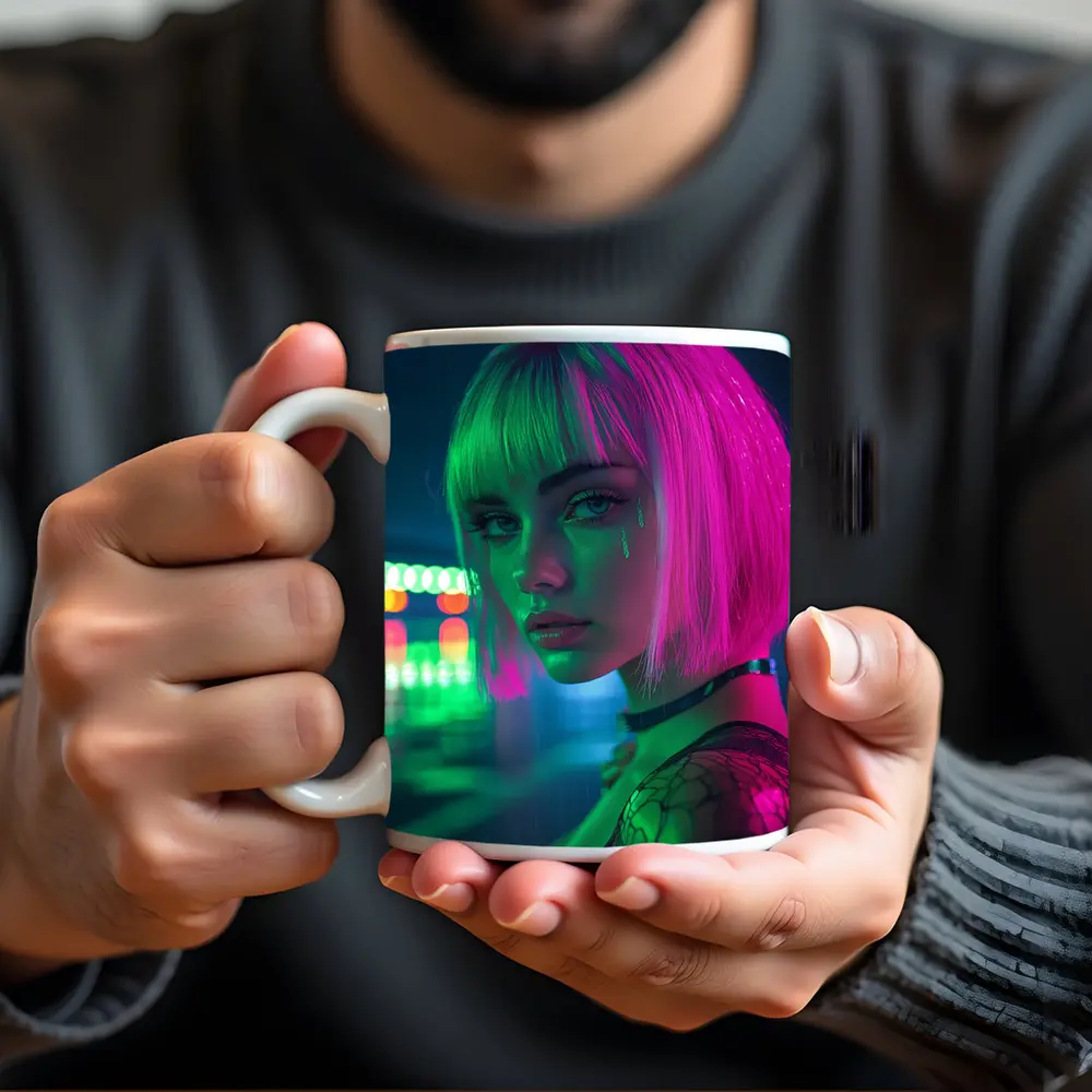 Neon Girl Rainy Night Cyberpunk Portrait – Mugs