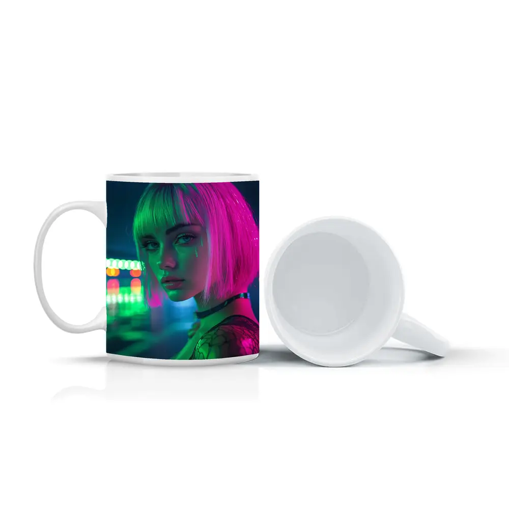 Neon Girl Rainy Night Cyberpunk Portrait – Mugs