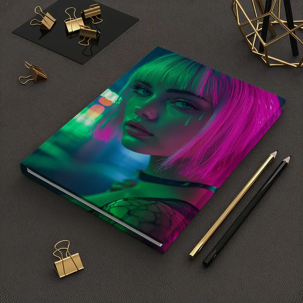 Neon Girl Rainy Night Cyberpunk Portrait – Notebooks