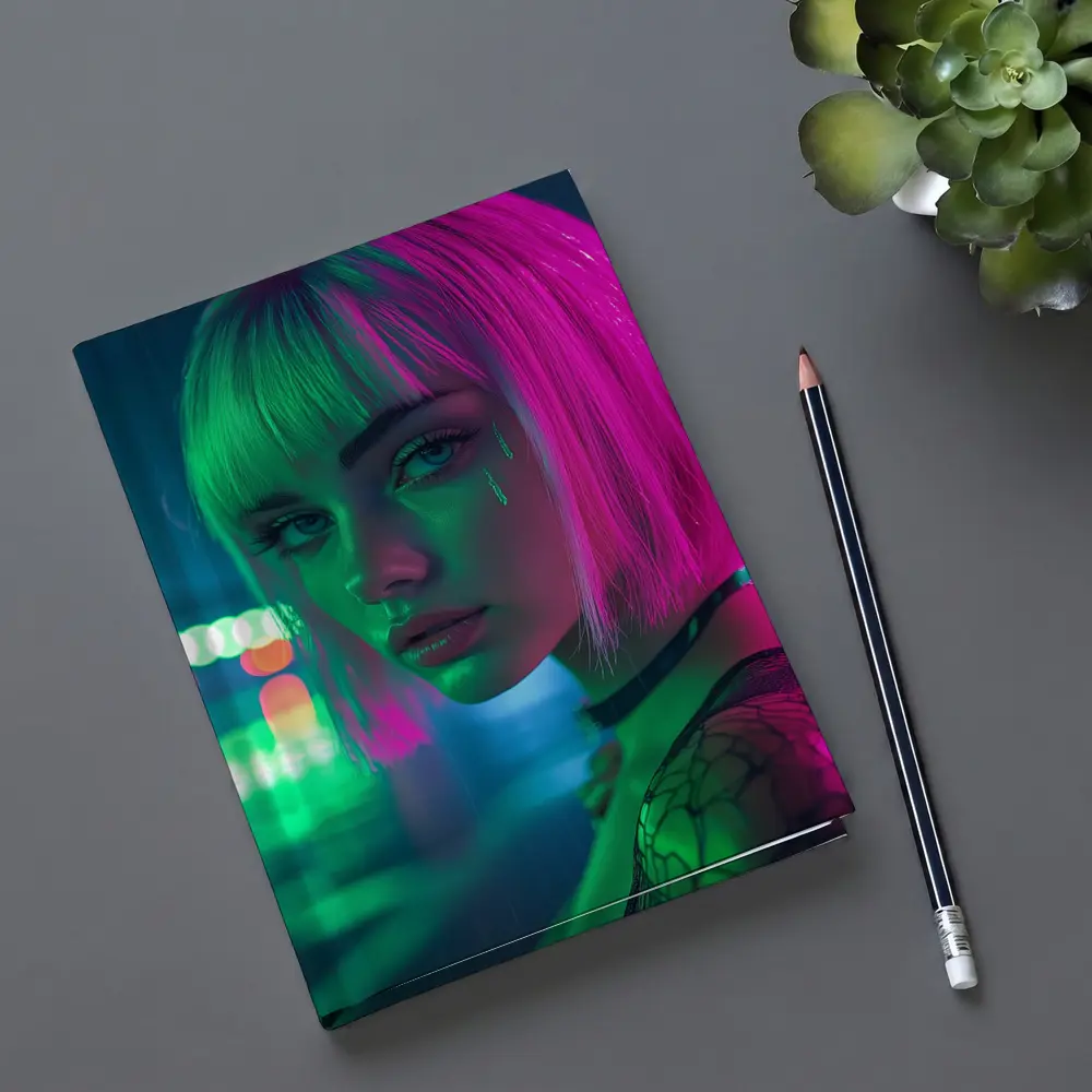 Neon Girl Rainy Night Cyberpunk Portrait – Notebooks