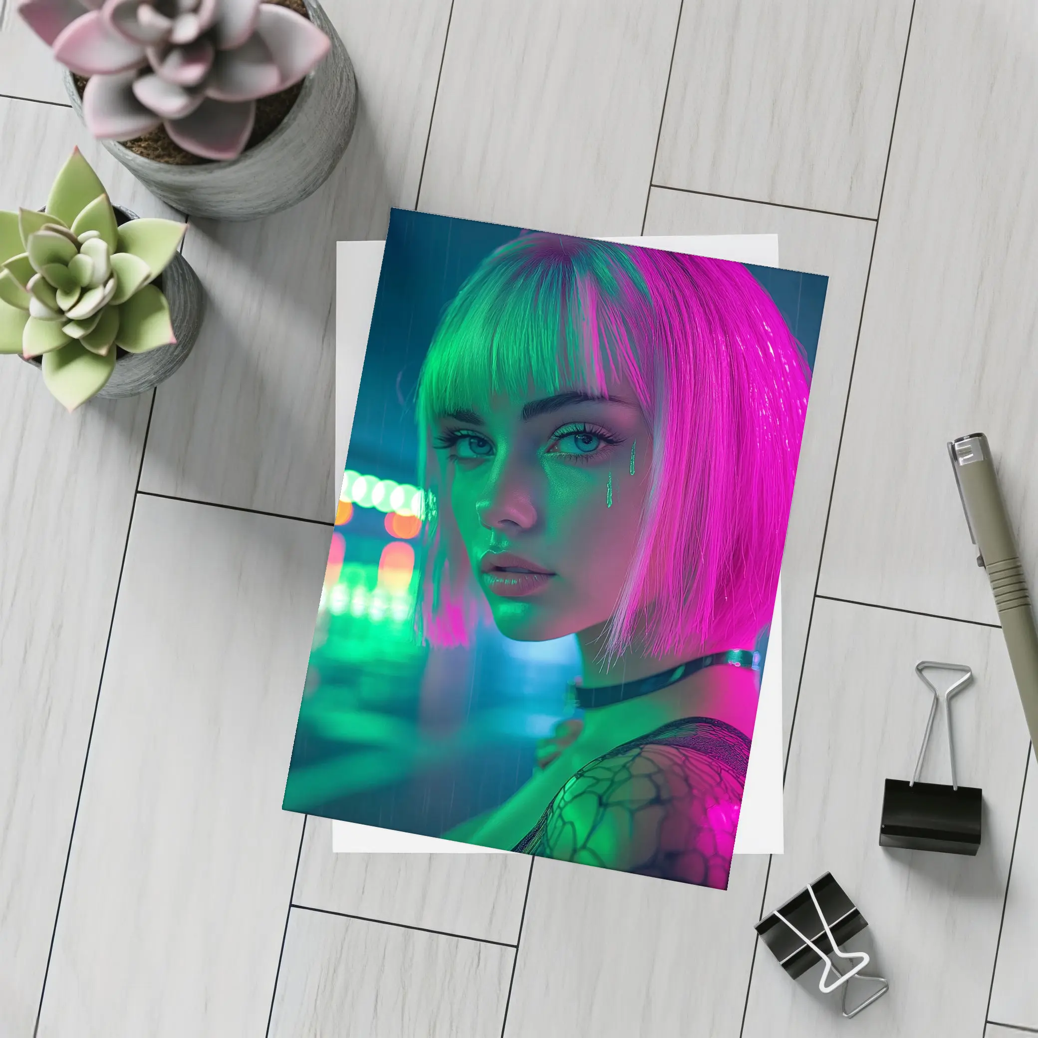 Neon Girl Rainy Night Cyberpunk Portrait – Postcards