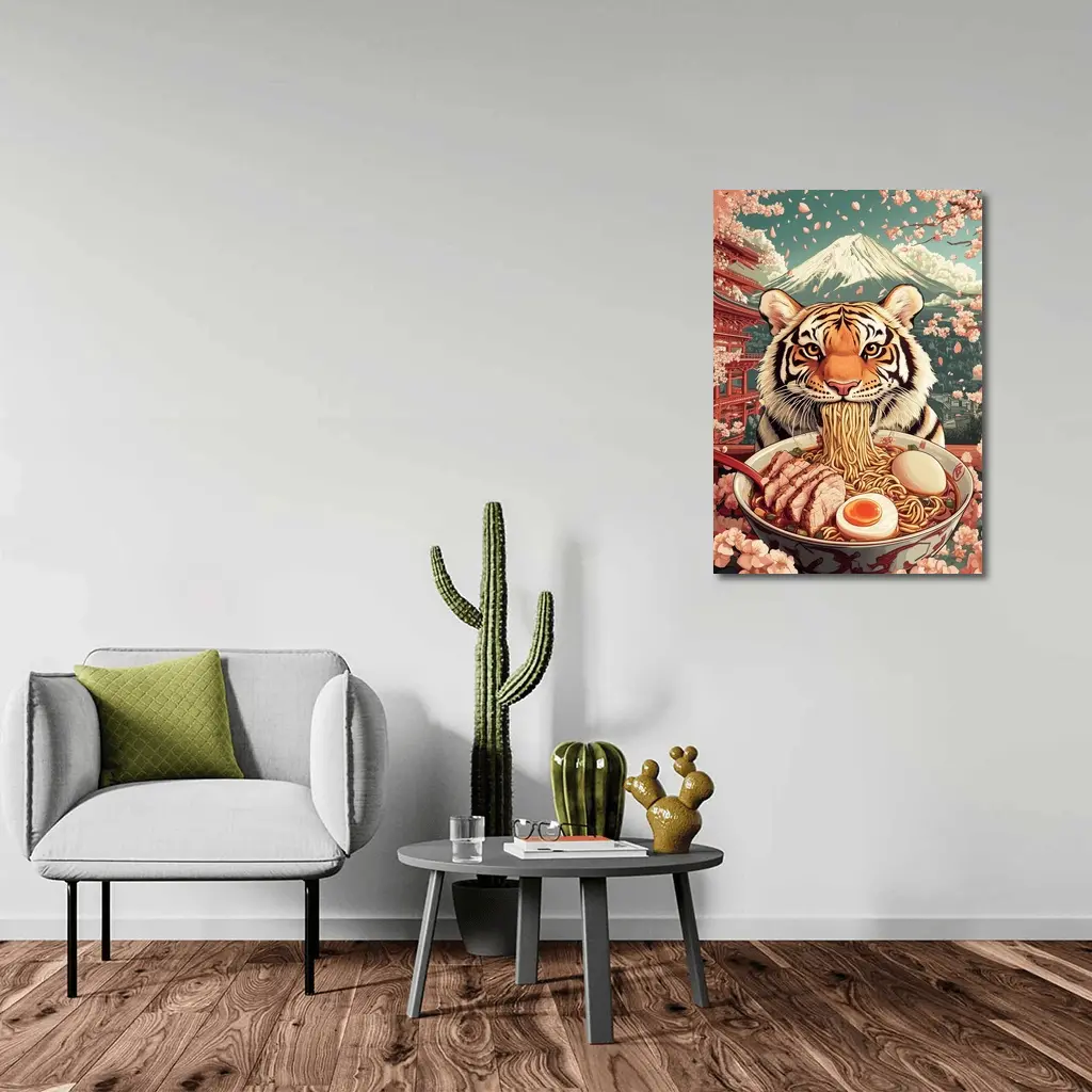 Tiger Eating Ramen Cherry Blossom Japan – Wall Art