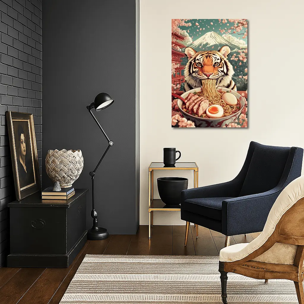 Tiger Eating Ramen Cherry Blossom Japan – Wall Art