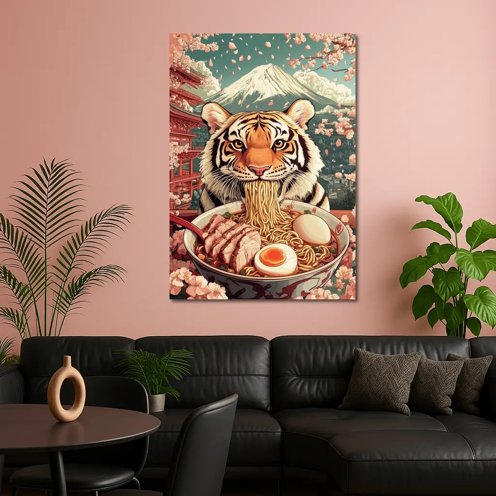 Tiger Eating Ramen Cherry Blossom Japan – Wall Art