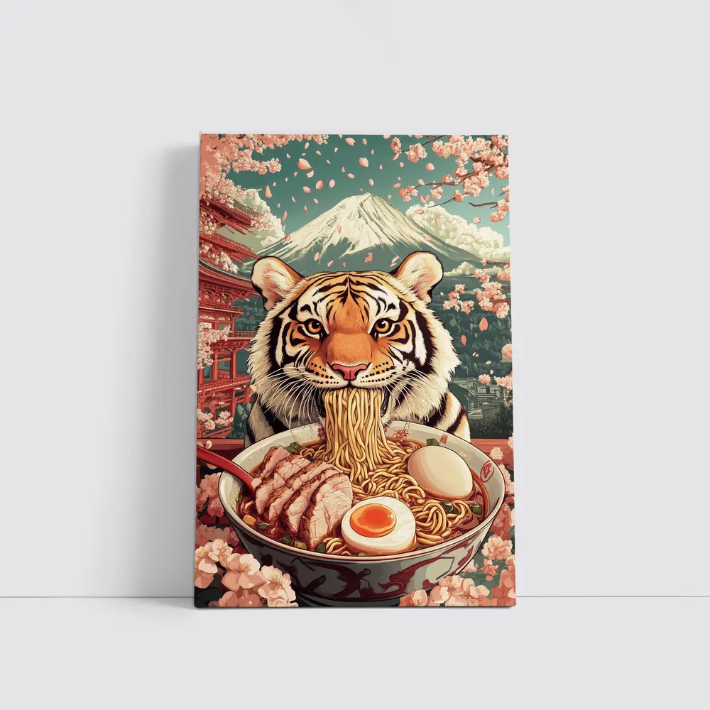 Tiger Eating Ramen Cherry Blossom Japan – Wall Art