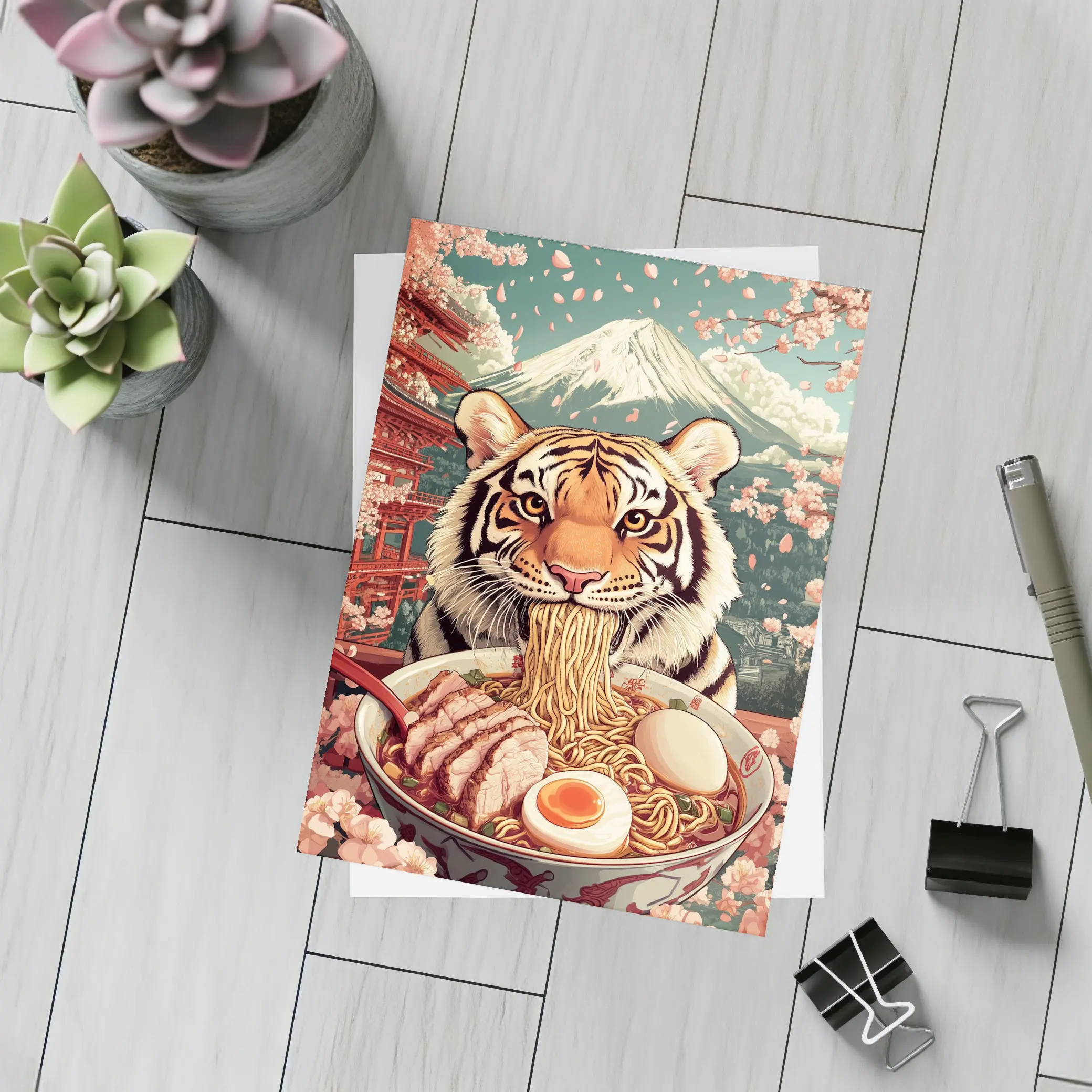 Tiger Eating Ramen Cherry Blossom Japan – Postcards
