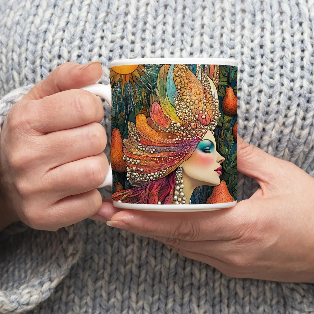 Bohemian Woman Portrait With Pearls Sun – Mugs
