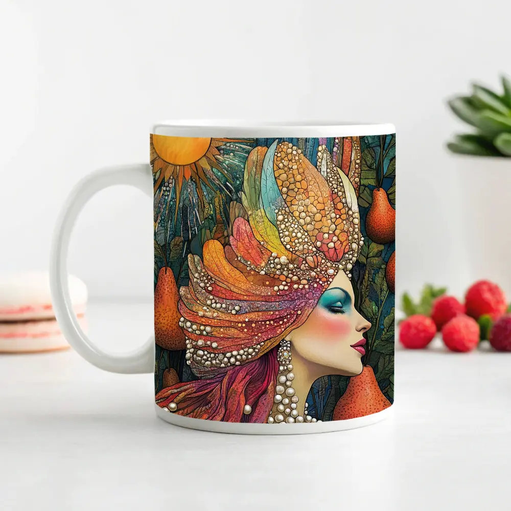 Bohemian Woman Portrait With Pearls Sun – Mugs