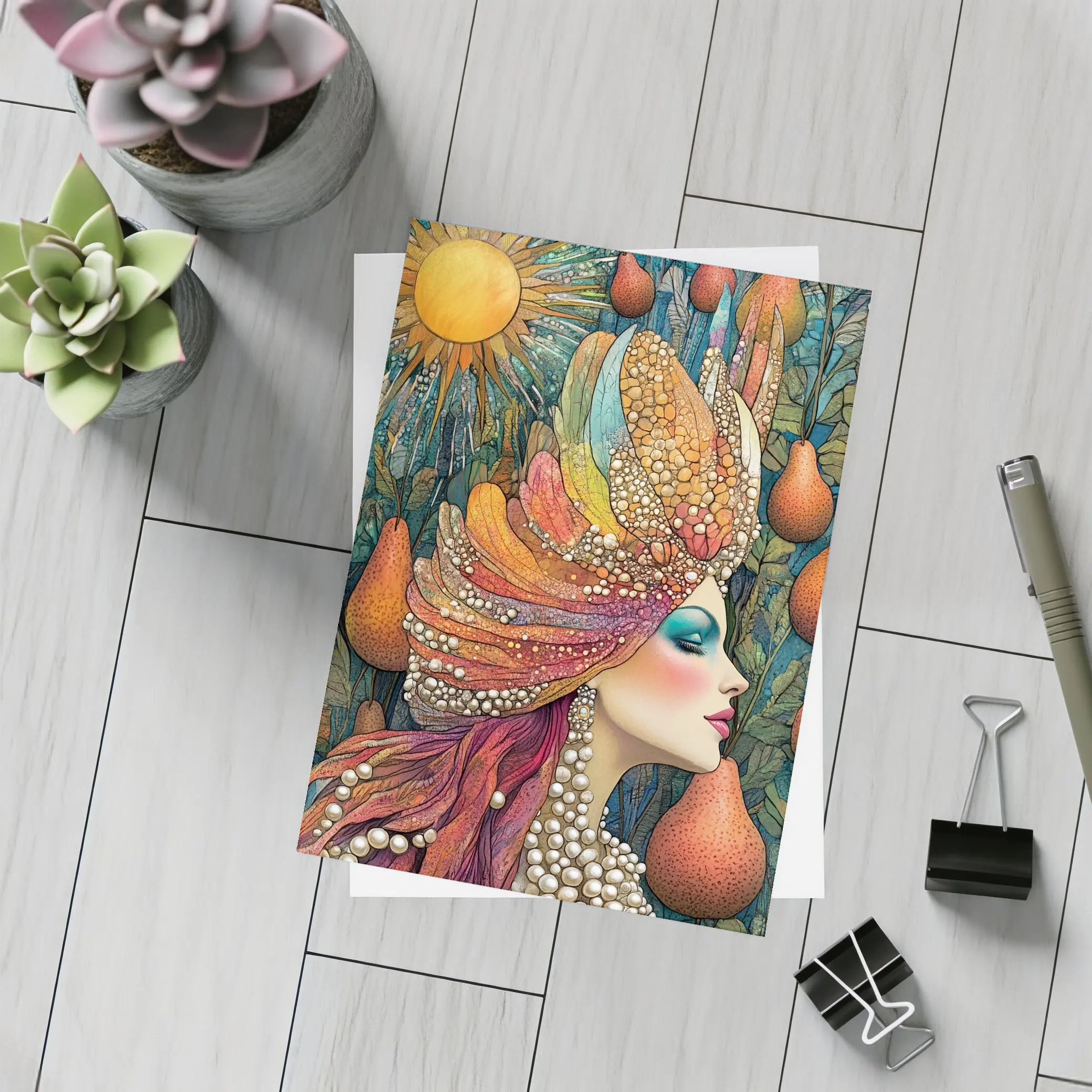 Bohemian Woman Portrait With Pearls Sun – Postcards