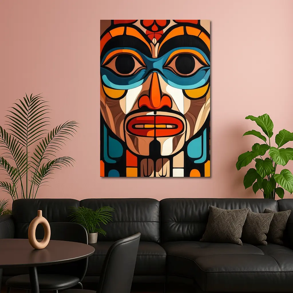 Native Totem Pole Face Bold Geometric Art – Wall Art