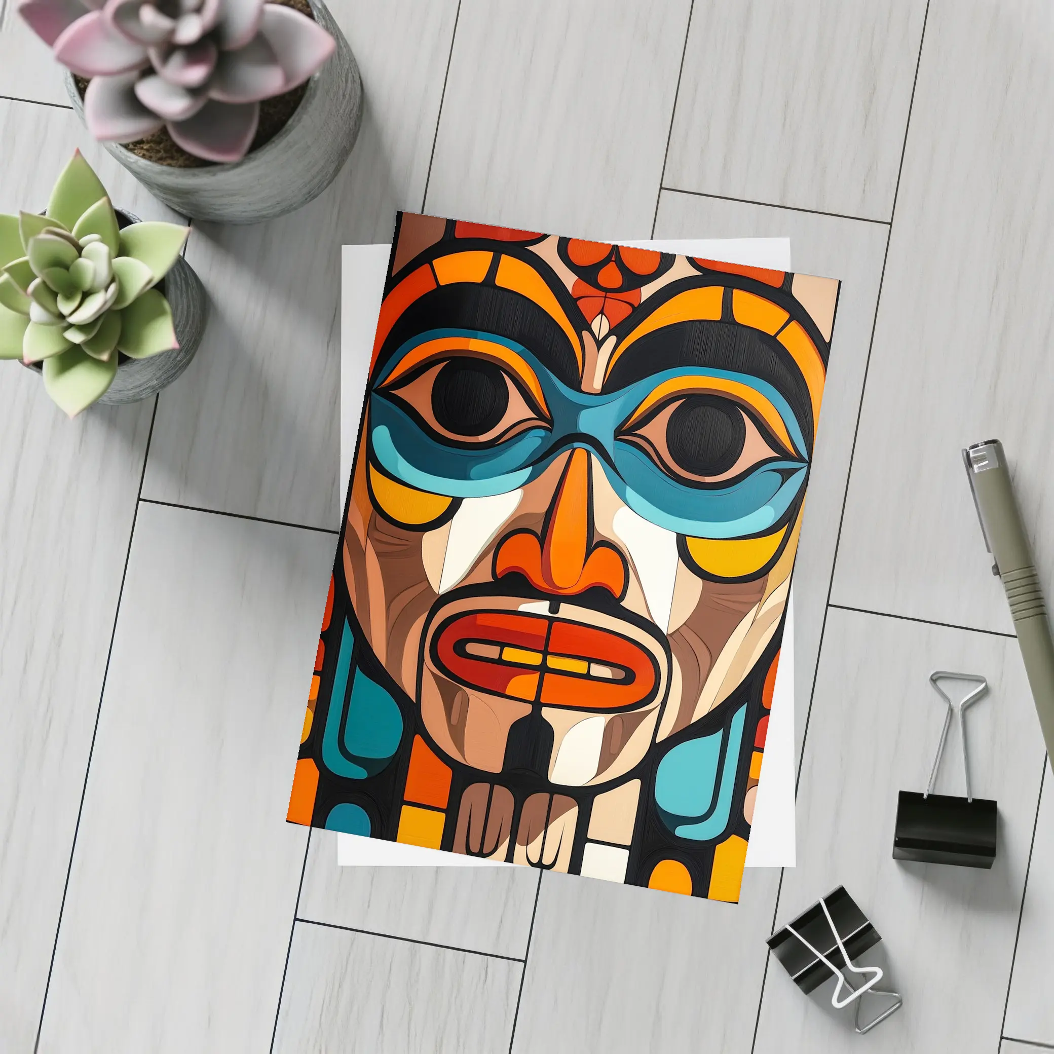 Native Totem Pole Face Bold Geometric Art – Postcards
