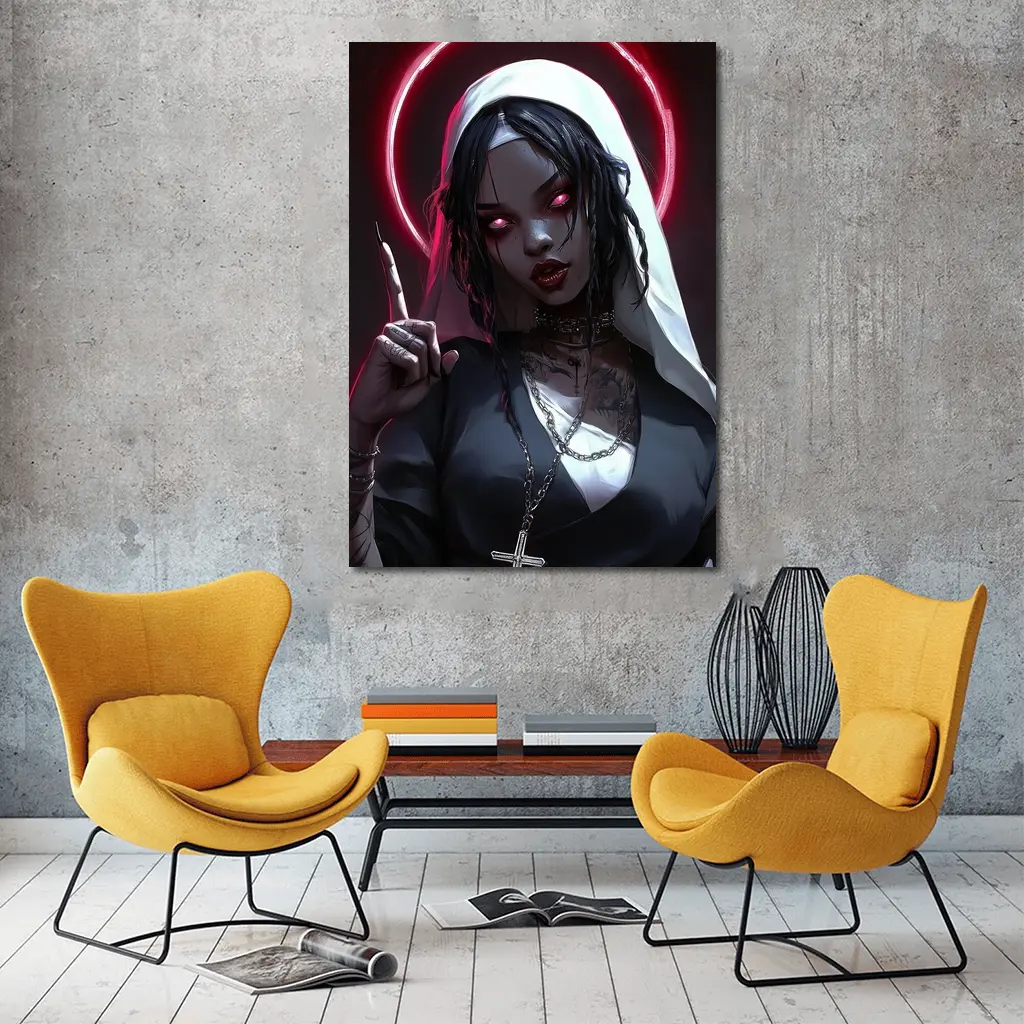 Gothic Anime Nun Dark Neon Halo – Wall Art