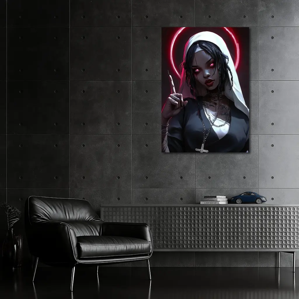 Gothic Anime Nun Dark Neon Halo – Wall Art