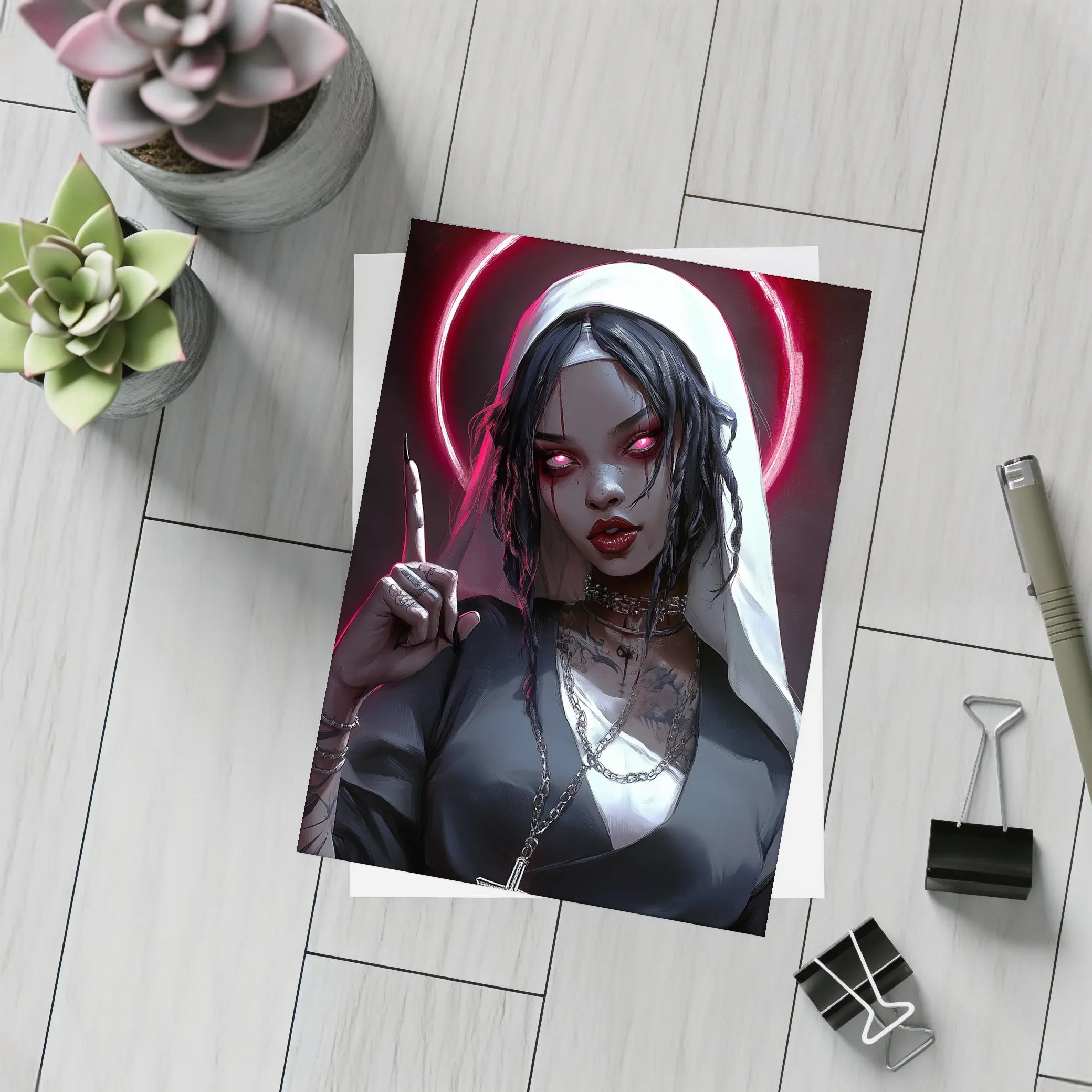 Gothic Anime Nun Dark Neon Halo – Postcards