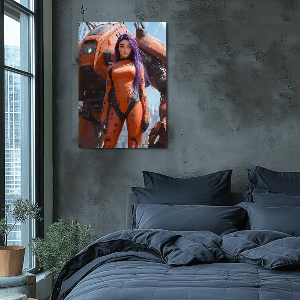 Cyberpunk Woman Orange Suit Giant Mech – Wall Art
